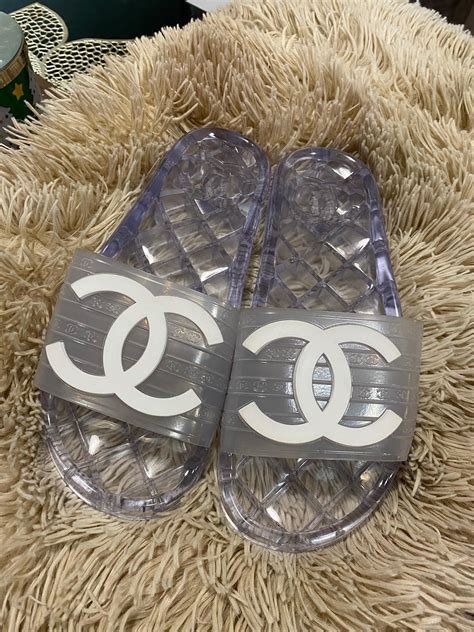 clear slides chanel|Chanel clear pool slides.